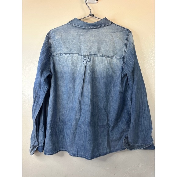 Denim Button Down Shirt Floral Embroidered Western Style Top - Picture 3 of 4